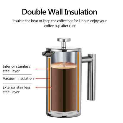 Stainless Steel Double Walled Insulated French Press Coffee Maker | 3 Sizes Available